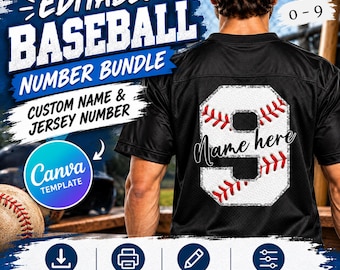 May include: A black mesh jersey featuring a large white number nine with red baseball stitching graphics and the text Name here. The design includes the text Editable Baseball Number Bundle, Custom Name & Jersey Number, and Canva Template.