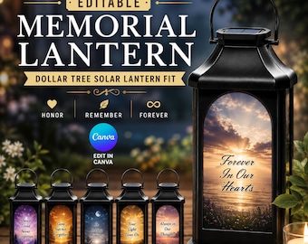 May include: A black solar lantern with a handle and a rectangular glass panel featuring a sunset over water and the text Forever In Our Hearts. Five smaller lanterns are displayed below with various sunset scenes and memorial phrases.