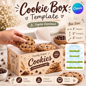 Puede incluir: Una plantilla digital de caja para galletas en cartón beige con gráficos de galletas con chispas de chocolate y el texto Freshly Baked Cookies, Baked with Love y Made Fresh Daily. Las dimensiones son 17,78 cm de ancho, 12,7 cm de alto y 7,62 cm de profundidad.