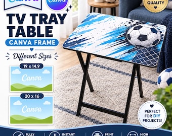 Könnte beinhalten: Ein klappbarer TV-Tabletttisch mit weißer Oberfläche, blauen Farbspritzern und einer schwarz-weißen Fußballgrafik. Der Tisch hat schwarze Metallbeine und wird als digitale Designvorlage mit verschiedenen Texteinblendungen dargestellt.