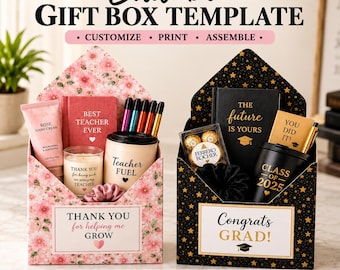 May include: Two envelope-shaped gift boxes featuring editable templates. The left box has a pink floral pattern with text reading 'THANK YOU for helping me GROW' and contains a candle, hand cream, and pens. The right box is black with gold stars, labeled 'Congrats GRAD!', containing a notebook, chocolates, and a cup.