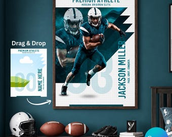 May include: A rectangular wall poster featuring a football player in a dark teal uniform and white helmet running with a football. The text reads PREMIUM ATHLETE, MODERN GRIDIRON ELITE, JACKSON MILLER, and PACE. GRIT. CONQUER. against a white grid background.
