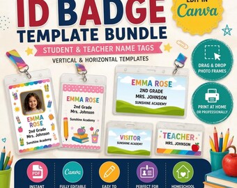 Editable School ID Badge Template | Personalized Student School Cards |Student Name Card | Custom School ID | Printable Identification Card