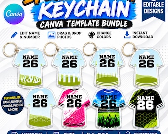 May include: A digital bundle of 5 editable sports jersey keychain designs featuring the text NAME and 26. The templates include various patterns like flames, hexagons, and stadium graphics. The layout specifies a letter size of 8.5 inches by 11 inches.