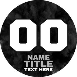 May include: A circular graphic featuring a black smoke-like background with two large white numbers 00 centered at the top. Below the numbers, the text reads NAME, TITLE, and TEXT HERE in a bold, sans-serif white font, arranged in three lines.