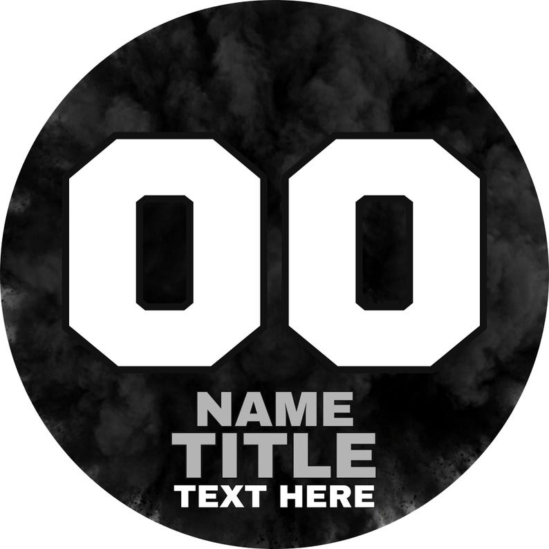 May include: A circular graphic featuring a black smoke-like background with two large white numbers 00 centered at the top. Below the numbers, the text reads NAME, TITLE, and TEXT HERE in a bold, sans-serif white font, arranged in three lines.