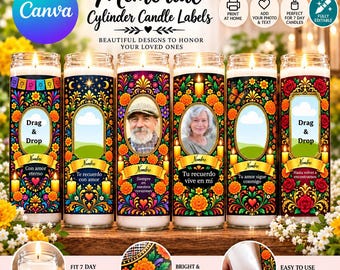 May include: Six cylindrical memorial candle labels featuring vibrant floral patterns in orange, red, blue, and green. The labels include oval frames for photos, text fields for names, and Spanish phrases like 'Con amor eterno' and 'Tu recuerdo vive en mí'.