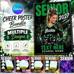 May include: A digital cheer poster bundle template featuring a main graphic of a cheerleader in a black and green uniform with the text SENIOR 2027. The bundle includes multiple editable designs with placeholders for photos, text, and school names.