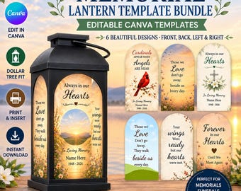 Editable Memorial Lantern Template | Dollar Tree Solar Lantern Fit | Canva Photo Memorial | Celebration of Life Decor