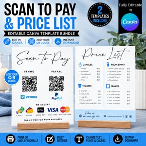 May include: Two white rectangular signs featuring black text and graphics. The left sign displays Scan to Pay with Venmo and PayPal QR code placeholders and payment icons. The right sign shows a Price List for candles, room sprays, t-shirts, and frames.