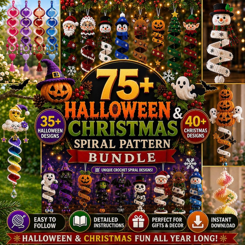 75+ Halloween Christmas Crochet Pattern Bundle, Spiral Ornament Wind Spinner PDF, Holiday Amigurumi Digital Download, Easy Pattern