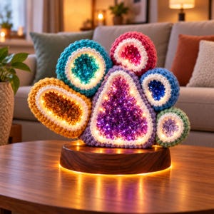 Könnte beinhalten: Eine dekorative Lampe mit mehreren gehäkelten, von Geoden inspirierten Formen in verschiedenen Farben wie Blau, Pink, Orange, Lila und Grün. Jede Form enthält integrierte LED-Lichter, die die kristallinen Zentren beleuchten. Die Struktur steht auf einem runden Holzsockel, der ein warmes Licht abgibt.