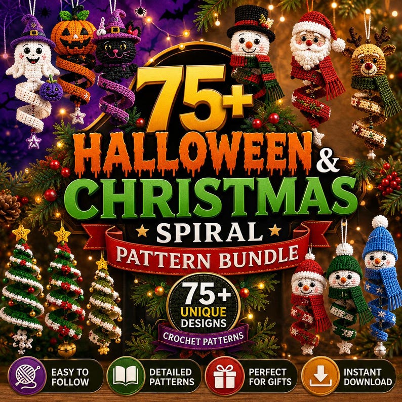 75+ Halloween Christmas Crochet Pattern Bundle, Spiral Ornament Wind Spinner PDF, Amigurumi Digital Download, Easy Pattern