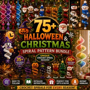 75+ Halloween Christmas Crochet Pattern Bundle, Spiral Ornament Wind Spinner PDF, Holiday Amigurumi Digital Download, Easy Pattern