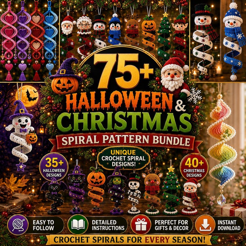 75+ Halloween Christmas Crochet Pattern Bundle, Spiral Ornament Wind Spinner PDF, Holiday Amigurumi Digital Download, Easy Pattern