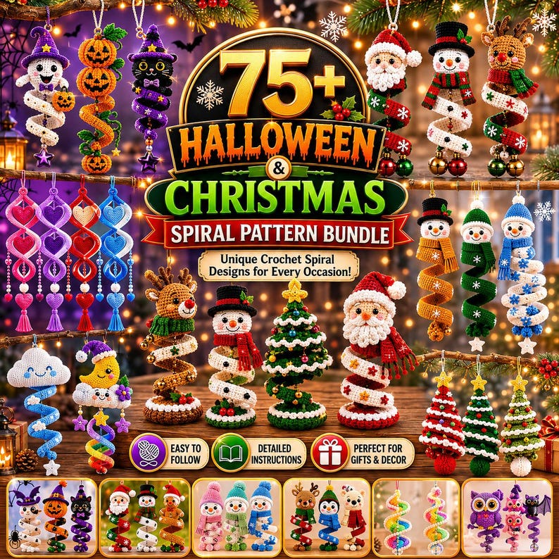 75+ Halloween Christmas Crochet Pattern Bundle, Spiral Ornament Wind Spinner PDF, Holiday Amigurumi Digital Download, Easy Pattern