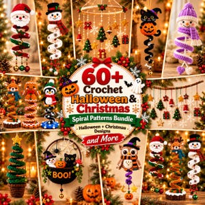 May include: A collection of crochet spiral ornaments featuring Santa, snowmen, a black cat with a pumpkin, a reindeer, a gingerbread person, a penguin, an owl, and a Christmas tree. The central text reads 60+ Crochet Halloween & Christmas Spiral Patterns Bundle.