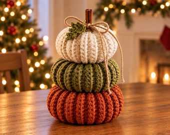 May include: A stack of three crocheted pumpkins in cream, olive green, and burnt orange. The pumpkins feature a ribbed texture and are topped with a cinnamon stick stem, a small green crocheted leaf, and a tied jute twine bow.