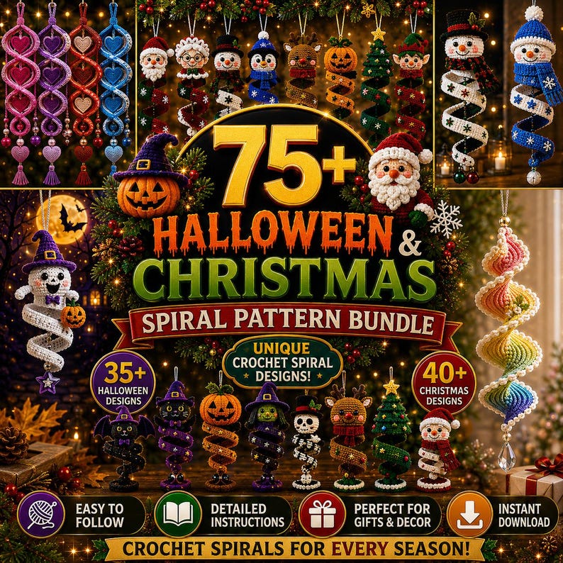 75+ Halloween Christmas Crochet Pattern Bundle, Spiral Ornament Wind Spinner PDF, Holiday Amigurumi Digital Download, Easy Pattern