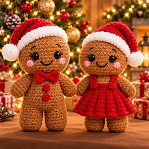 Peut inclure: Deux poupées en pain d'épice crochetées portant des bonnets de Père Noël rouges et blancs. La poupée de gauche a un nœud papillon rouge et deux boutons rouges. La poupée de droite porte une robe rouge à bretelles. Yeux noirs et joues roses.