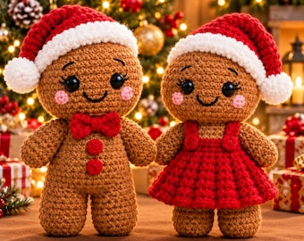 May include: Two crocheted gingerbread dolls wearing red and white Santa hats. The left doll has a red bow tie and two red buttons. The right doll wears a red dress with straps. Both have black eyes, pink cheeks, and brown yarn bodies.