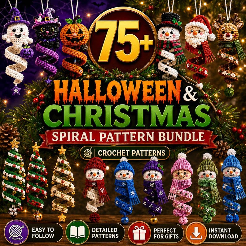 75+ Halloween Christmas Crochet Pattern Bundle, Spiral Ornament Wind Spinner PDF, Amigurumi Digital Download, Easy Pattern