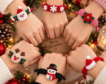 May include: A collection of six crocheted Christmas-themed bracelets featuring various designs including a Santa Claus face, white snowflakes on a red band, a pink poinsettia, a reindeer, a snowman with a top hat, and a red Santa hat.