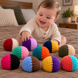 May include: A collection of ten spherical crochet balls, each featuring two distinct solid colors. The textured yarn spheres are arranged in a group, showcasing various color combinations including red and white, purple and lavender, and blue and yellow.