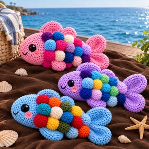 Puede incluir: Tres peces de ganchillo hechos a mano con cuerpos texturizados y escamas de pompones de colores. El pez superior es rosa, el del medio es morado y el inferior es azul claro. Cada pez tiene ojos negros grandes, mejillas rosas y aleta caudal.