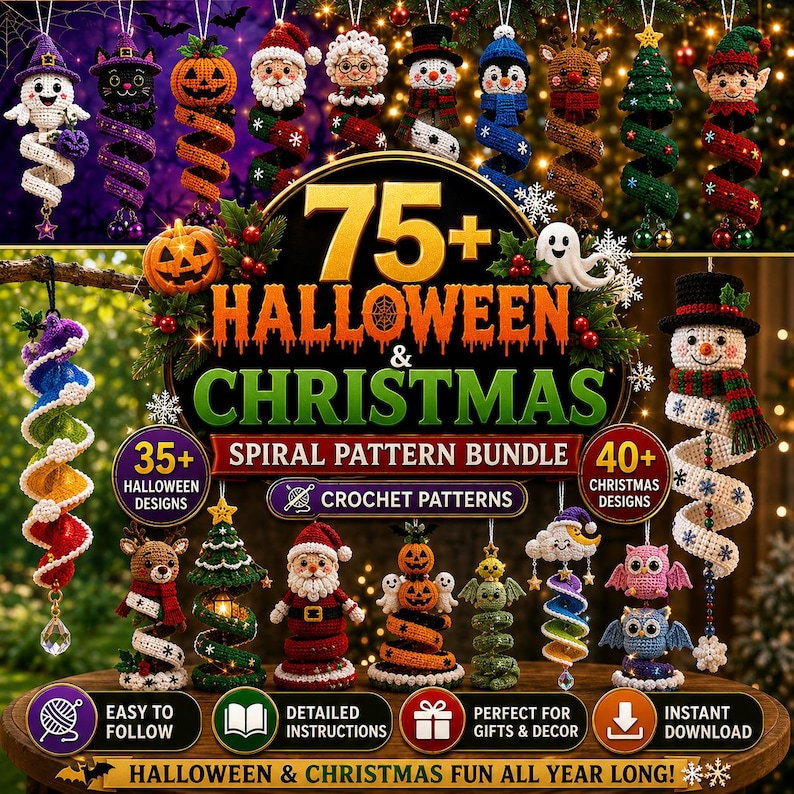 75+ Halloween Christmas Crochet Pattern Bundle, Spiral Ornament Wind Spinner PDF, Holiday Amigurumi Digital Download, Easy Pattern