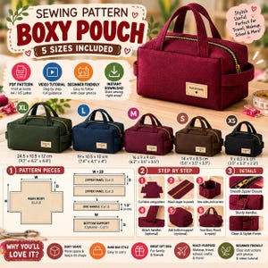 Boxy Pouch Sewing Pattern PDF, 5 Sizes Zipper Pouch with Handles, Printable A4 & US Letter, Makeup Bag Pattern