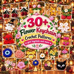 30+ Flower Keychain Crochet Patterns PDF | Cat face keychain Charm Bundle, Mini Amigurumi Flowers, Crochet Keychain bundle
