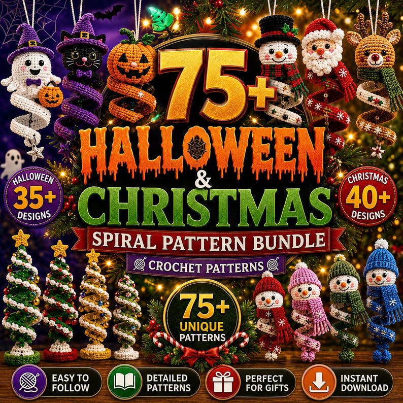 75+ Halloween Christmas Crochet Pattern Bundle, Spiral Ornament Wind Spinner PDF, Amigurumi Digital Download, Easy Pattern