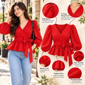 Könnte beinhalten: Ein leuchtend rotes Langarm-Peplum-Oberteil mit V-Ausschnitt in Wickeloptik, gerafften Puffärmeln mit elastischen Bündchen und einer Taillenschleife. Das Bild enthält Textbeschriftungen, die den Puffärmel, den V-Ausschnitt, die Taillenschleife, das elastische Bündchen, den Schößchensaum und den Stoff hervorheben.