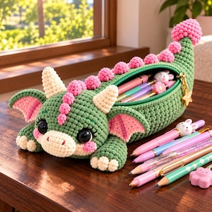 Puede incluir: Un estuche de ganchillo con forma de dragón verde, hocico color crema, alas rosas y una hilera de púas rosas en la espalda. El estuche cuenta con una cremallera, está lleno de bolígrafos de colores y tiene un dije de estrella dorada.