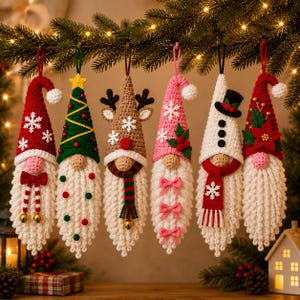Könnte beinhalten: Sechs hängende Weihnachtsanhänger aus Häkelarbeit in Form von Gnomen. Die Designs umfassen eine rote Mütze mit Schneeflocken, einen grünen Weihnachtsbaum, ein beiges Rentier, eine rosa Mütze mit Schleifen, einen weißen Schneemann und eine rote Mütze mit Weihnachtsstern.