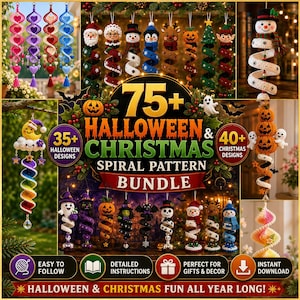 Könnte beinhalten: Ein digitales Paket mit über 75 Häkelanleitungen für Halloween- und Weihnachtsspiralen. Das Bild zeigt verschiedene hängende Dekorationen wie Geister, Kürbisse, Schneemänner und Elfen, mit dem Text 35+ Halloween-Designs und 40+ Weihnachts-Designs.