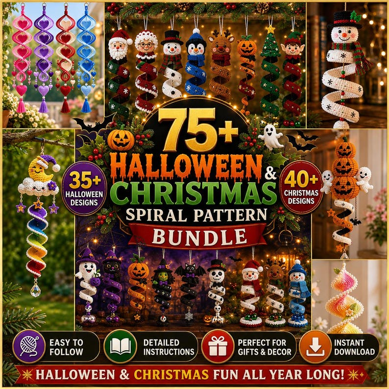 75+ Halloween Christmas Crochet Pattern Bundle, Spiral Ornament Wind Spinner PDF, Holiday Amigurumi Digital Download, Easy Pattern