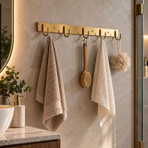 Könnte beinhalten: Eine Wandgarderobe aus gebürstetem goldfarbenem Metall mit sechs gleichmäßig verteilten Haken. Die horizontal montierte Leiste hält ein beiges, strukturiertes Handtuch, eine Holzbadebürste mit Naturborsten, ein weißes Waffelpikee-Handtuch und einen beigen Badeschwamm.
