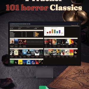 May include: A digital tracker for 101 horror classics displayed on a computer monitor. The interface features progress bars, movie posters, and statistical charts for tracking film viewing. The software is optimized for use with Google Sheets.