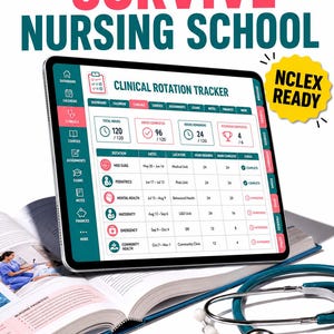 Könnte beinhalten: Ein Tablet mit einem digitalen Clinical Rotation Tracker Planer mit Reitern für Dashboard, Kalender, Klinik, Kurse, Aufgaben, Prüfungen, Notizen und Finanzen. Ein Stethoskop und ein aufgeschlagenes Lehrbuch liegen unter dem Tablet-Bildschirm.