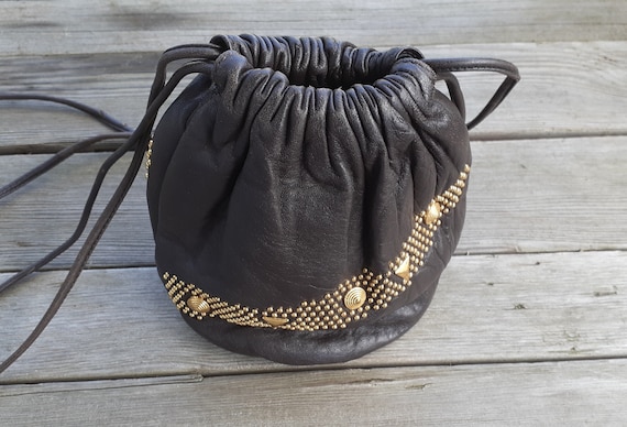 Vintage Brown leather metal studded bucket drawst… - image 3