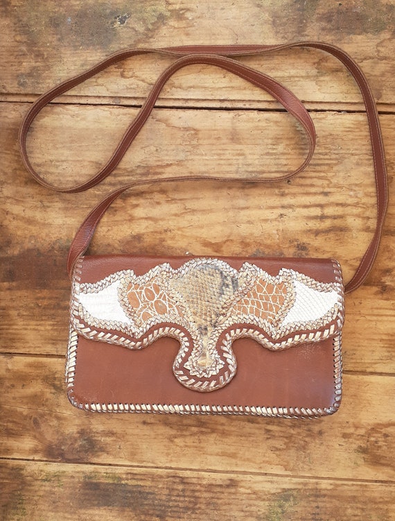 Vintage patch work brown leather shoulder bag - image 1