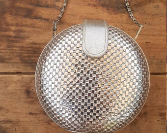circle shoulder bag／silver Metallic Silver Shoulder Bag, Genuine Leather Handbag, Top