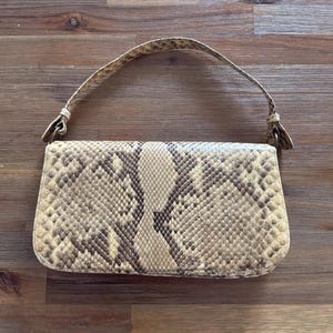 Vintage Genuine Python Snakeskin Shoulder Bag | Neutral Snake Print Purse | 1990s Minimalist Handbag | Classic Baguette Bag