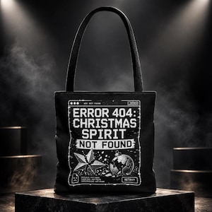 Error 404 Tote, Black Christmas Tech Humor Bag, 100% Polyester