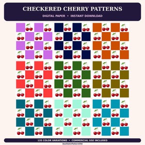 Könnte beinhalten: Eine digitale Papiersammlung mit dem Titel CHECKERED CHERRY PATTERNS, bestehend aus neun Quadraten mit karierten Hintergründen in verschiedenen Farben, jeweils mit einer roten Kirschillustration. Der Text umfasst DIGITAL PAPER, INSTANT DOWNLOAD, 135 COLOR VARIATIONS, COMMERCIAL USE INCLUDED und AestheticPatternUSA.