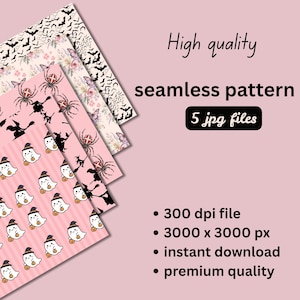 Könnte beinhalten: Fünf digitale nahtlose Musterdateien mit Halloween-Motiven wie weißen Geistern mit Kürbissen, schwarzen Spinnen, Hexensilhouetten und Blumenmustern in Rosa, Schwarz und Weiß. Text: High quality, seamless pattern, 5 jpg files, 300 dpi file, 3000 x 3000 px, instant download, premium quality.