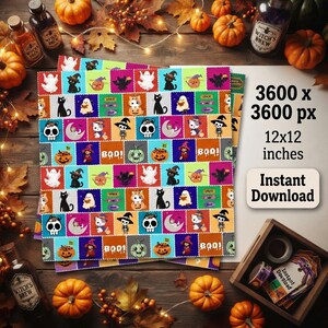 Könnte beinhalten: Ein digitales Papierblatt mit einem sich wiederholenden Raster aus bunten Quadraten mit Halloween-Illustrationen, darunter Geister, schwarze Katzen, Kürbisse, Totenköpfe und der Text BOO. Das Bild enthält den Text 3600 x 3600 px und Instant Download.