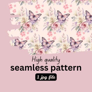 Könnte beinhalten: Ein nahtloses Muster mit Schmetterlingen, rosa Rosen, weißen Lilien und kleinen Blumen auf hellrosa Hintergrund. Der Text lautet: High quality seamless pattern, 1 jpg file. Das Design ist in einem Rasterlayout wiederholt.
